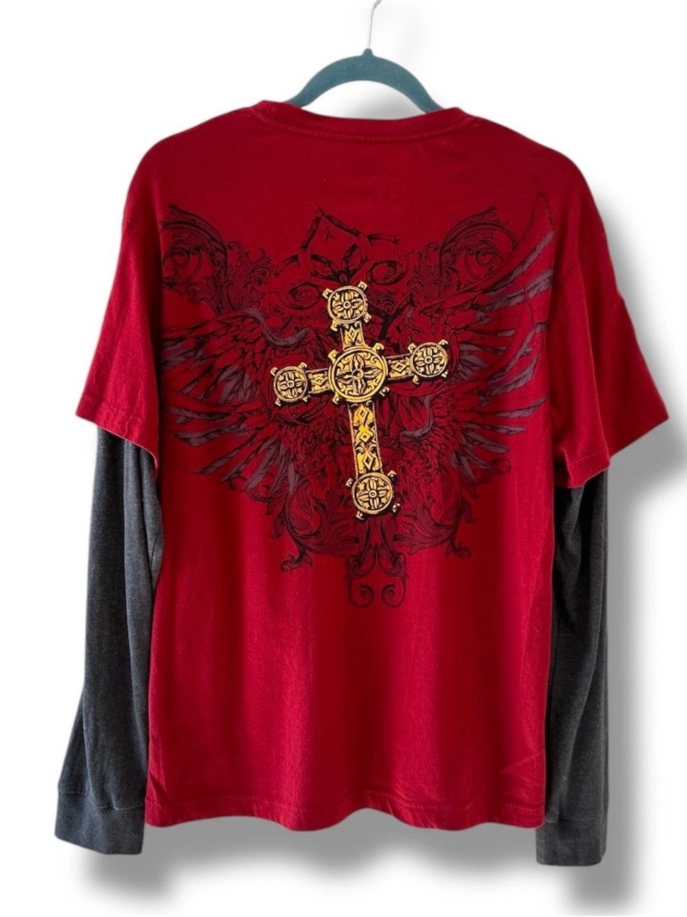 Helix Red Cross Wing Double Layer Long Sleeve Shirt Men's Size Medium Cyber Y2K - Picture 2 of 15